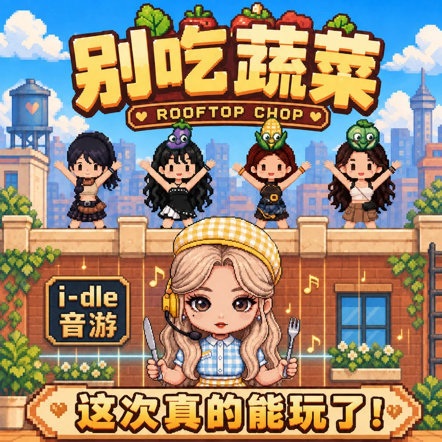 《别吃蔬菜》像素风封面：蓝天下的屋顶、角色与蔬菜